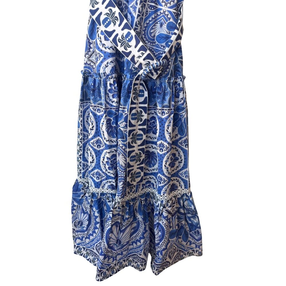 Farm Rio Maxi Blue And White Belted Dress Size L Anthropologie Blue Tile Dream - Picture 6 of 15